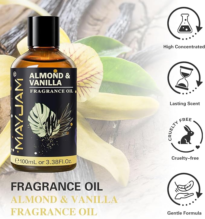 Almond & Vanilla Fragrance Oil Essential Oil, MAYJAM 3.38FL.OZ Almond & Vanilla Oil for Diffusers for Home, Long Lasting Scented Oils for Soap Candle Making - 100ML