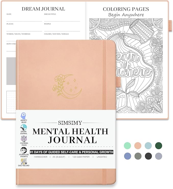 Mental Health Journal, 91-Day Self Care Journal for Women Men, Guided Anxiety & Stress Relief Journal with Mood Tracker, Cognitive Behavioral Therapy Journaling with Mental Health Coloring Pages & Dream Log
