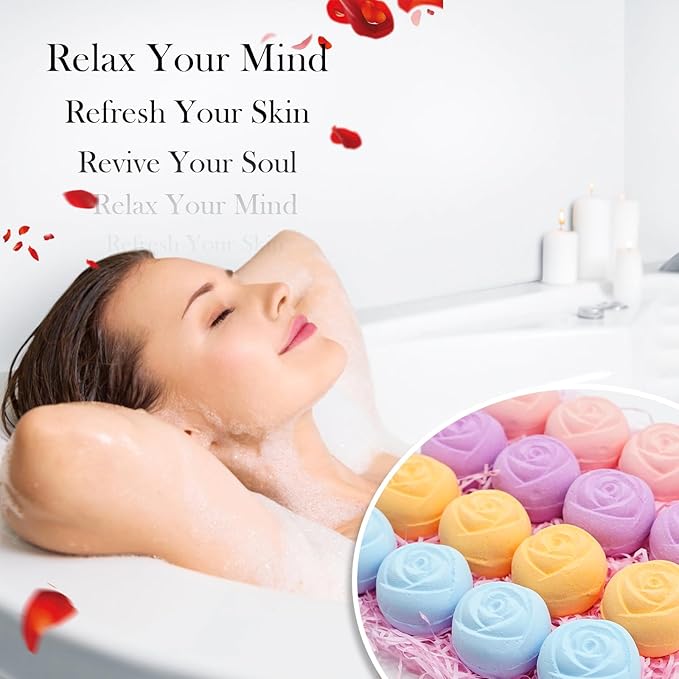 Bath Bombs for Women - 16 Pcs Handmade Natural Essential Oils Rose Bath Bombs, Home Spa Fizzies Bubble Bath, Birthday Gifts for Her Self Care Gifts for Mom Wife (16)