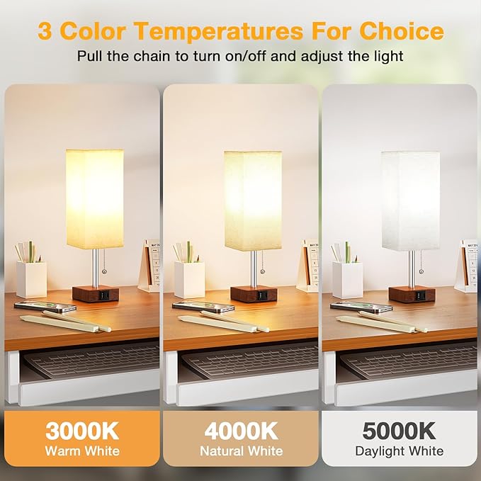 aooshine Red Brown Small Table Lamp for Bedroom - 3 Color Temperature 3000K 5000K 4000K Bedside Lamp, Pull Chain Control, USB A and C Ports, Pure Gold Color Base, Bulb Included