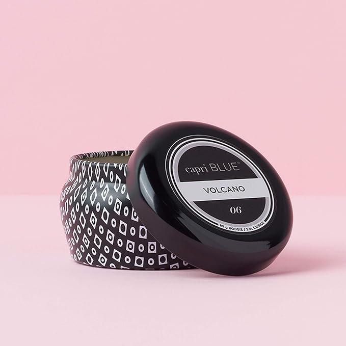 Capri Blue Volcano Scented Mini Tin Jar Candle - Printed Mini Tin Candles for Home Scented with Tropical Fruit & Sugared Citrus - Long Lasting Soy Wax Blend - Black (3 oz)