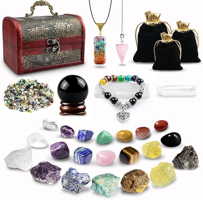 Healing Crystals Set, 28 Pcs Crystals and Healing Stones 7 Chakra Kits Obsidian Real Spiritual Protection Natural Reiki Energy Meditation Crystals for Beginners Wooden Box, Crystal Gifts for Women