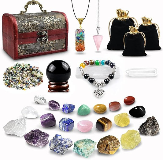Healing Crystals Set, 28 Pcs Crystals and Healing Stones 7 Chakra Kits Obsidian Real Spiritual Protection Natural Reiki Energy Meditation Crystals for Beginners Wooden Box, Crystal Gifts for Women