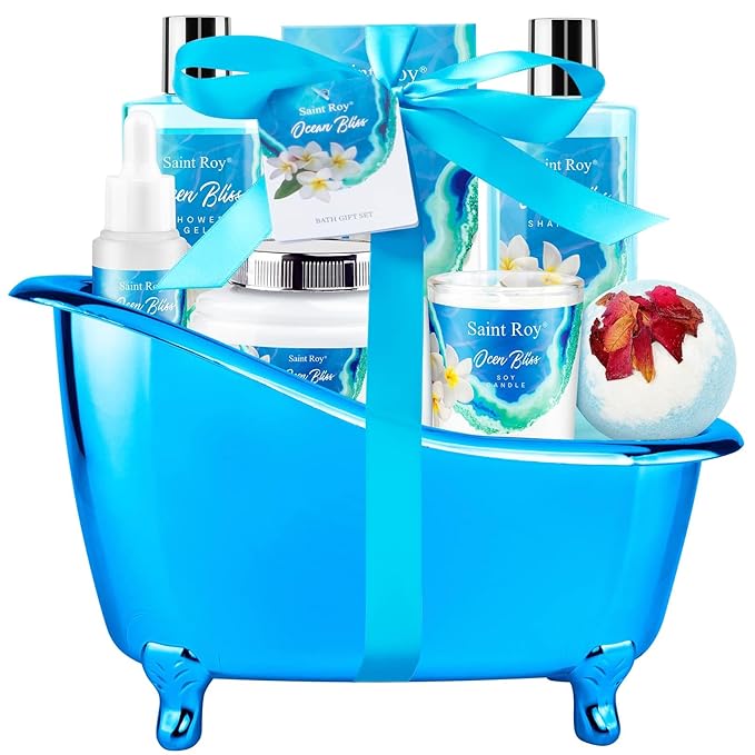 Bath & Body Gift Set, Bath Basket Spa kit Gifts for Her Him Birthday Gifts for Women, Luxury Home Spa Kit, 8pcsChristmas Gifts for Women Ocean Vanilla, Spa Gift Baskets, Unique Mother's Day Gifts