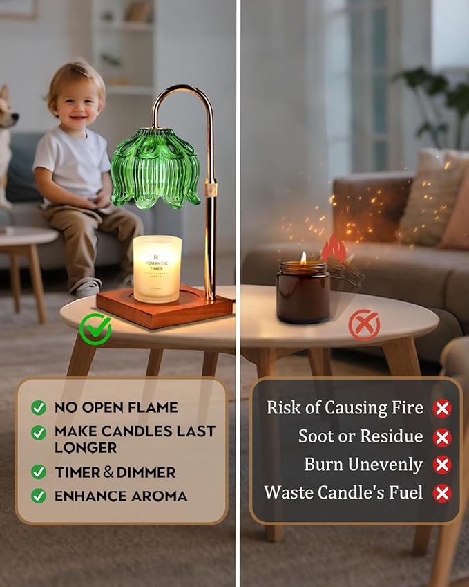 Candle Warmer Lamp with Timer Dimmable, Height Adjustable Birthday Gifts for Women Mom House Warming, Home Decor, Lotus Flower Candle Lamp Warmer 2 Bulbs Inc (Green)