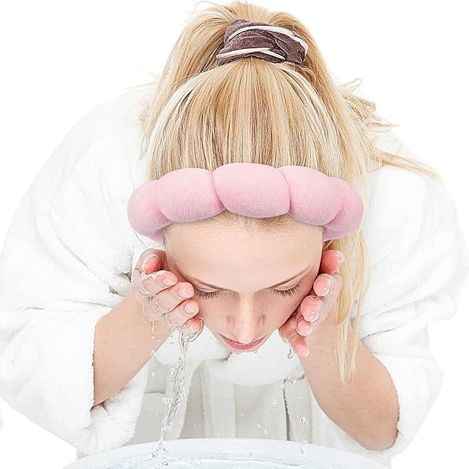Zkptops Spa Headband for Washing Face Wristband Sponge Makeup Skincare Headband Terry Cloth Bubble Soft Get Ready Hairband for Women Girl Puffy Padded Headwear Non Slip Thick Hair Accessory(Pink)