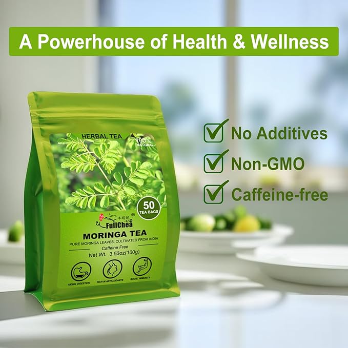 FullChea - Moringa Tea, 50 Teabags - Pure & Natural Moringa Leaves, Cultivated From India - Herbal Tea for Supporting Digestion & Immune System - Non-GMO - Caffeine-free