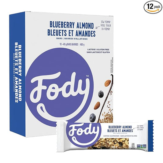 Fody Foods Snack Bars, Blueberry Almond, 1.41 Oz (Pack of 12), 3g Protein, Low FODMAP, Gut & IBS Friendly, Vegan, Lactose Free, Non-GMO, Gluten Free