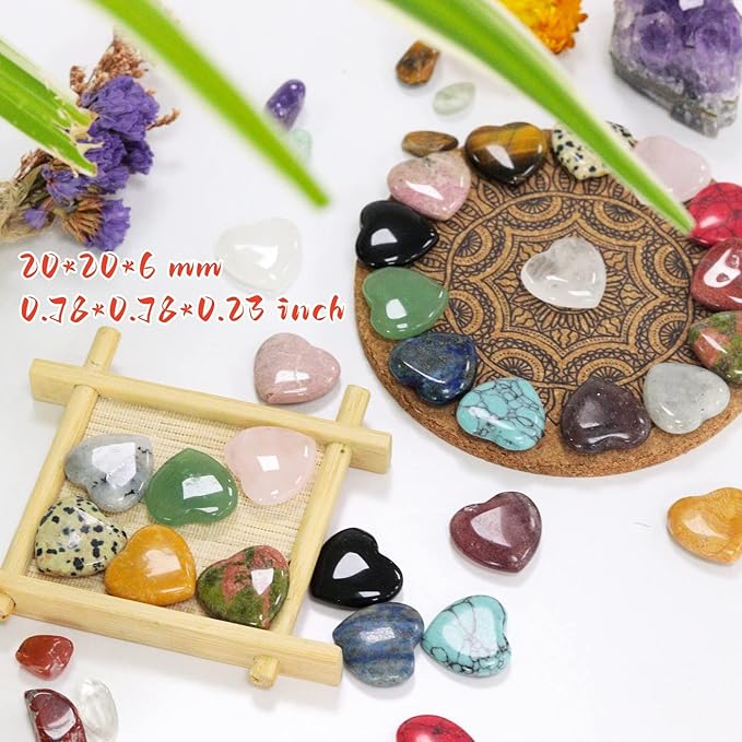 15PCS Natural Heart Healing Crystals Love Stones Rose Quartz Clear Quartz Tiger Eye Heart Set Bulk Polished Pocket Palm Thumb Gemstones Meditation Chakra Reiki Energy Balancing 0.8 inch