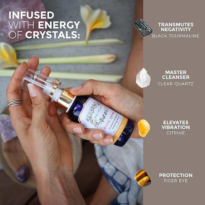 BALIPURA - Protection Crystal Aura Spray - Lavender and Lemongrass Essential Oil Blend, Black Tourmaline, Smoky Quartz and Citrine - 3.4 fl.oz