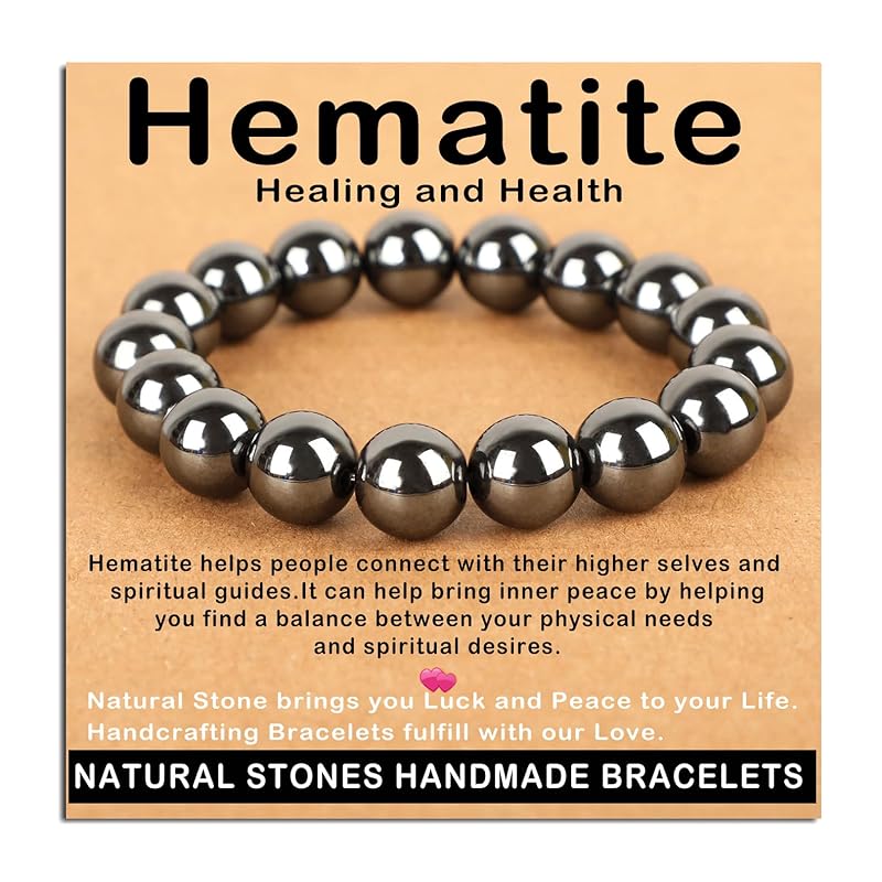 AD Beads Handmade Gemstone Stretch Elastic Bracelet Crystal Healing Reiki Nature's Beauty and Spiritual Essence Unisex (12mm, Hematite (Healing and Health))