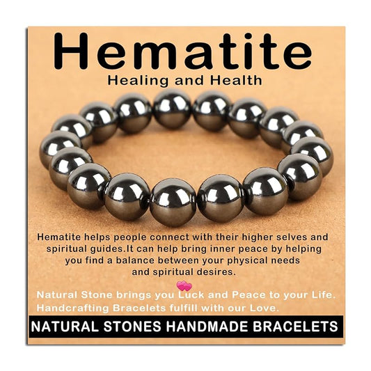 AD Beads Handmade Gemstone Stretch Elastic Bracelet Crystal Healing Reiki Nature's Beauty and Spiritual Essence Unisex (12mm, Hematite (Healing and Health))