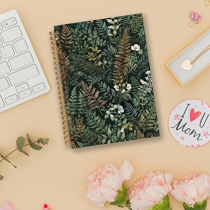 Dark Green Plants Spiral Notebooks, Botanical Journal, Fern Leaf Floral Journals for Writing, Rustic Cottagecore Flower Botanical Notebook for Note Taking, 5.5x8.3 Inch