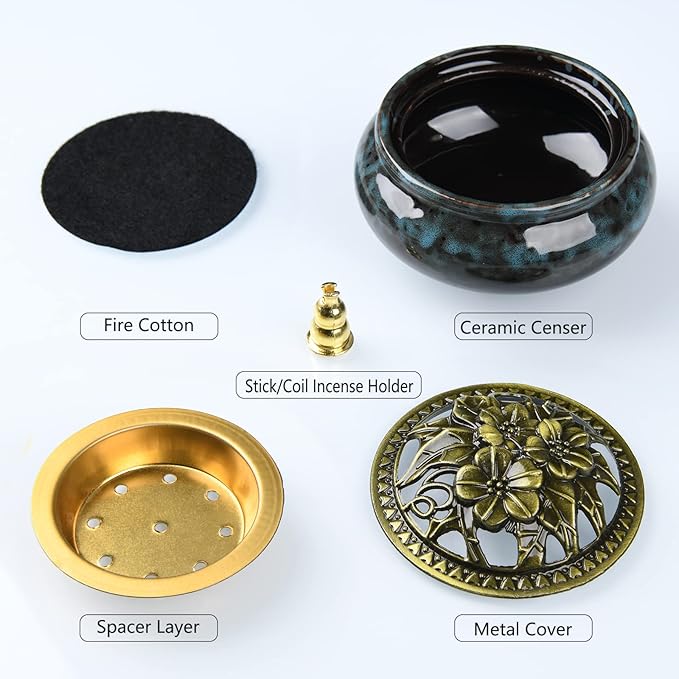 Ceramic Incense Burner with Incense Holder+Spacer Layer+Fireproof Cotton,Handmade Smudging Burn Bowl for Stick or Coil Incense,Sage Cones and Frankincense (Dark Blue)