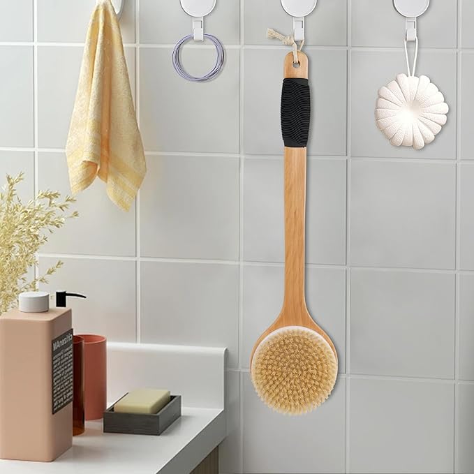 OWIIZI Round Head Back Scrub Brush for Body Shower, Wooden Long Handle Bristles Tub Soaping Bath Brushes, Skin Exfoliator Scrubber Brush for Men Women Elderly Wet or Dry Use