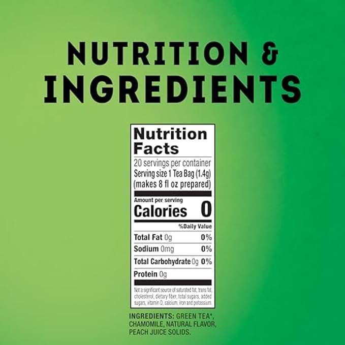 Lipton Peach Green Tea Bags, Flavored, Unsweetened Teabags for Hot Tea or Peach Iced Tea with Caffeine and Flavonoids, 120 Total Tea Bags (20ct - Pack of 6)