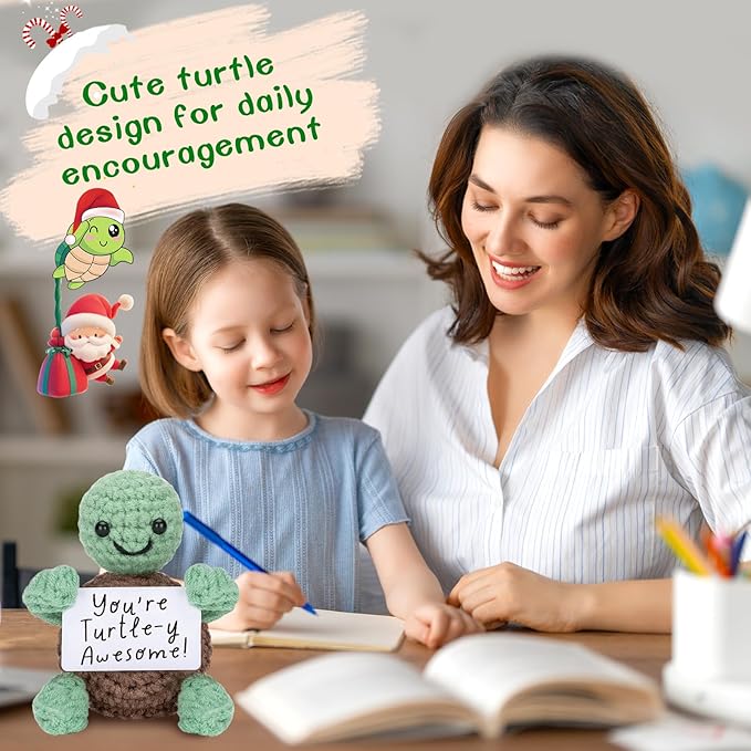 Inspirational Positive Crochet Turtle Gifts for Women Men, Christmas Birthday Gifts for Grandkids, Stocking Stuffers for Teen Adult, Handmade Turtle Christmas Desk Decorations