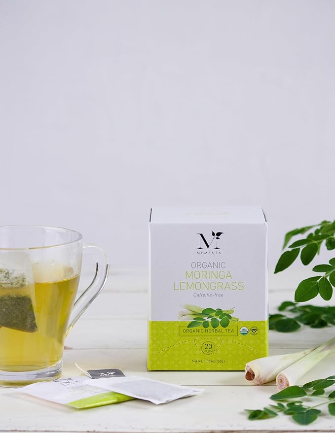 Mementa Inc Organic Moringa Lemongrass Herbal Tea Bags - 20 Individually Wrapped Bags Per Box, Pack of 6 Boxes - Premium Natural Ingredients for a Refreshing and Healthy Beverage