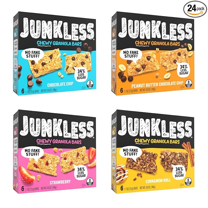 JUNKLESS Chewy Granola Bar 4‑Flavor Variety Pack (24 Bars)–Non‑GMO, Gluten‑Free, Less Sugar Snack Bars— Chocolate Chip, Peanut Butter Chocolate Chip, Cinnamon Roll & Real Strawberry, 4 Boxes