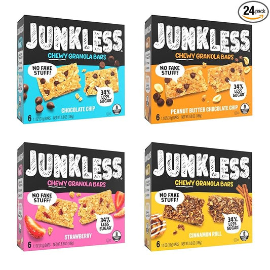 JUNKLESS Chewy Granola Bar 4‑Flavor Variety Pack (24 Bars)–Non‑GMO, Gluten‑Free, Less Sugar Snack Bars— Chocolate Chip, Peanut Butter Chocolate Chip, Cinnamon Roll & Real Strawberry, 4 Boxes