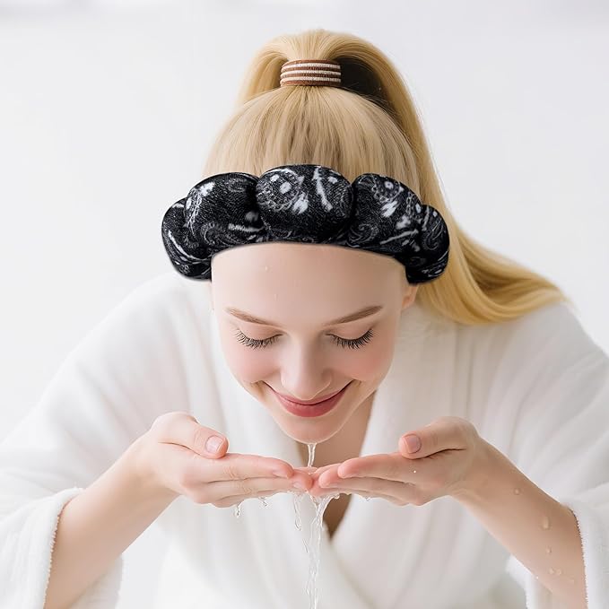 Zkptops Spa Headband for Washing Face Wristband Set Sponge Makeup Skincare Velvet Fabric Bubble Soft Get Ready Hairbands for Women Puffy Headwear Non Slip Thick Thin Hair Accessory(Black Large Nuts)