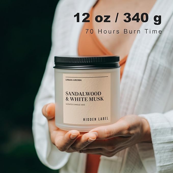 Hidden Label Sandalwood & White Musk Scented Candle - 12oz Natural Soy Non Toxic 70H Burn Time 2 Wick Aromatherapy Candle for Home Decor,Stress Relief & Relaxation
