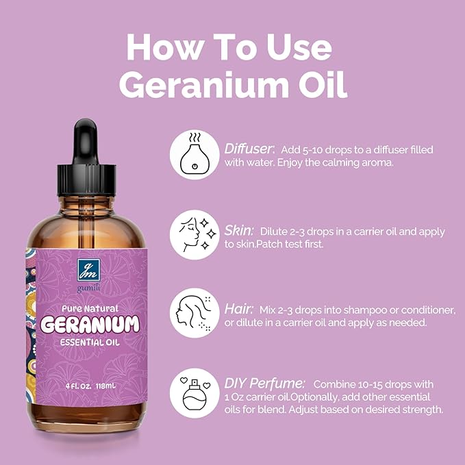 Geranium Essential Oil 4 Oz, 100% Pure Geranium Oil for Diffuser, Skin, Hair, Face, Soap & Candle Making, Aromatherapy & Massage