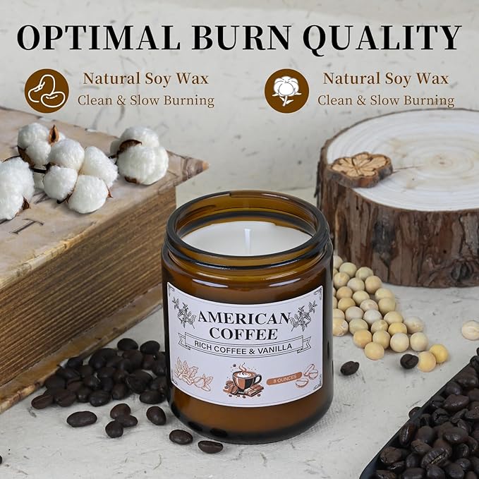 Americano Coffee Scented Soy Wax Candle – 100% Natural Soy Wax, Recyclable Glass Jar & Metal Lid – Long-Lasting Fragrance Candles for Home, Relaxation, Gift (8oz, 40hr Burn Time)