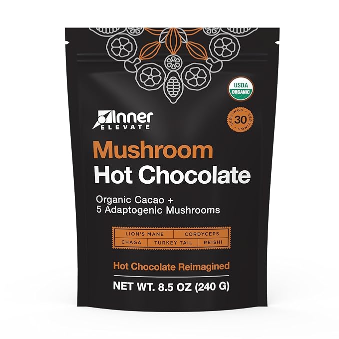 Inner Elevate Organic Mushroom Hot Chocolate - Ceremonial Cacao with 5 Adaptogenic Mushrooms - Great as a Coffee Alternative, Hot Chocolate, or Smoothie (30 Servings)