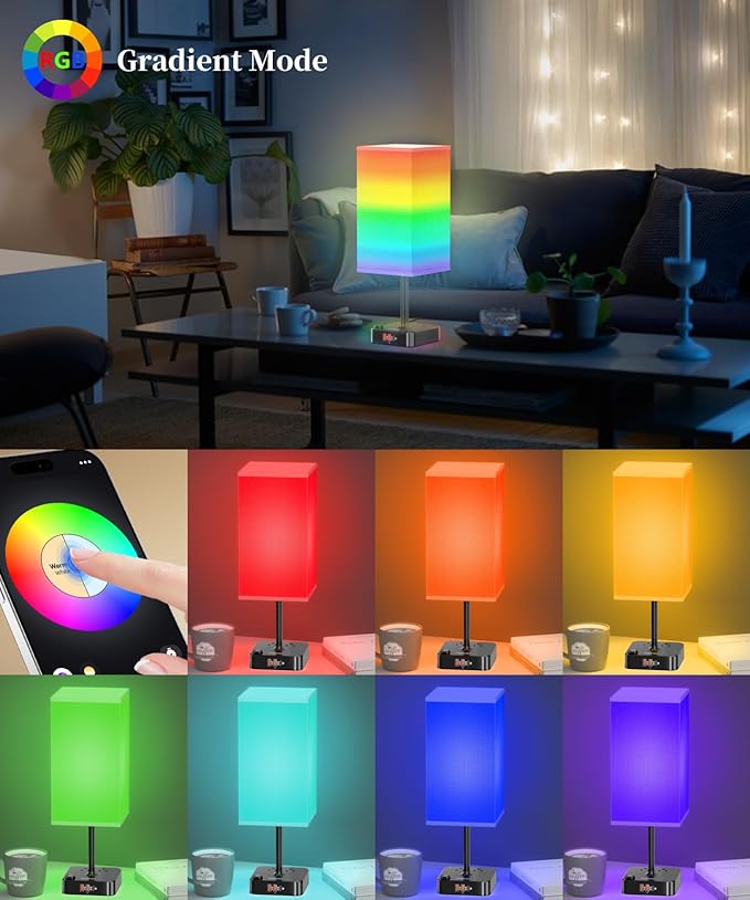 cozoo Bluetooth/WiFi RGB & USB Bedside Table Lamp with 2 USB Charging Ports and 2 Outlets Power Strip, LED Light Bulb Dimmable, Music Sync RGB Color Changing Light for Party Home/Bedroom/Living Room