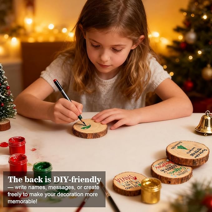 5pcs Vintage Christmas Decor Ornaments Wood Slices Christmas Tree Decorations Wooden Decorative Hanging Ornaments with Hemp Rope for Holiday Party Home Outdoor Indoor 3×3 Inch