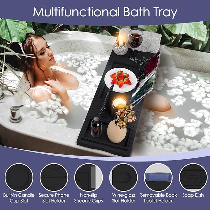 Foldable Bathtub Caddy Tray, Bamboo Bath Tub Tray Table for Tub with Wine Glass Holder Book Phone Tablet Holder with Extending Sides, Adjustable Bathroom Bathtub Free Soap Holder Gift Idea (Black)
