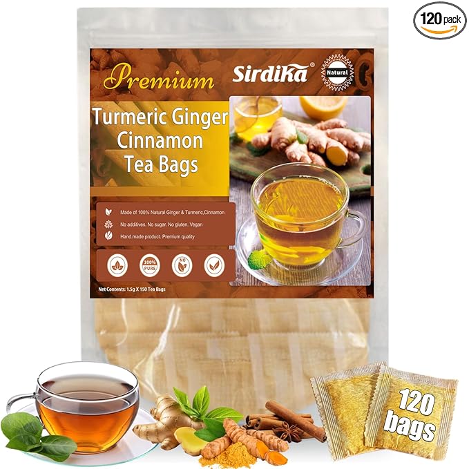 Turmeric Ginger Cinnamon Tea Bags - 120 Teabags Premium Turmeric Ginger Herbal Tea, Curcuma Teas Bag Hand-made Blend, 100% Natural & No Additives & Caffeine Free (120 Count)