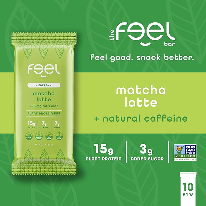 Feel Vegan Protein Bars | Matcha Latte | Keto | Gluten Free | Organic | 15g Plant Protein | Low Carb | High Protein | Dairy Free | Low Sugar | Nut, Grain, Soy Free | Non GMO | 10 Pack