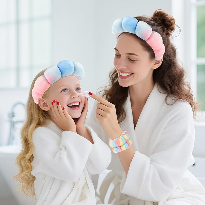 Zkptops Spa Headband for Washing Face Wristband Set Sponge Makeup Skincare Velvet Fabric Bubble Soft Get Ready Hairbands for Women Puffy Headwear Non Slip Thick Thin Hair Accessory (Pink Tie Dye)