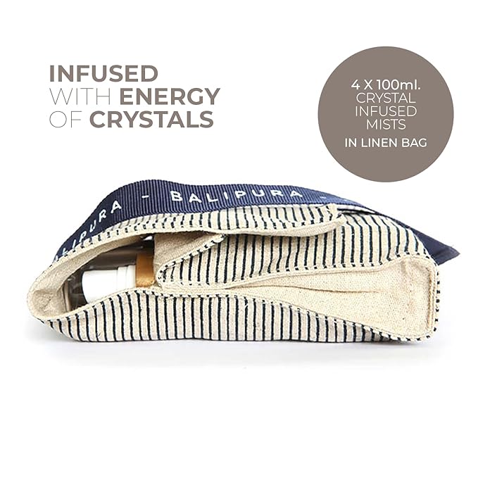 BALIPURA - 4 pc Variety Aura Cleansing Sprays Gift Set with Linen Bag - Infused with Crystal - Organic Essential Oils - 100ml Each