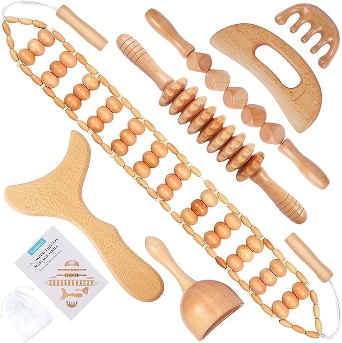 7-in-1 Wood Therapy Massage Tools Lymphatic Drainage Massager for Muscle Pain Relief | Maderoterapia Kit Body Sculpting Tools for Anti-Cellulite, Body Shaping