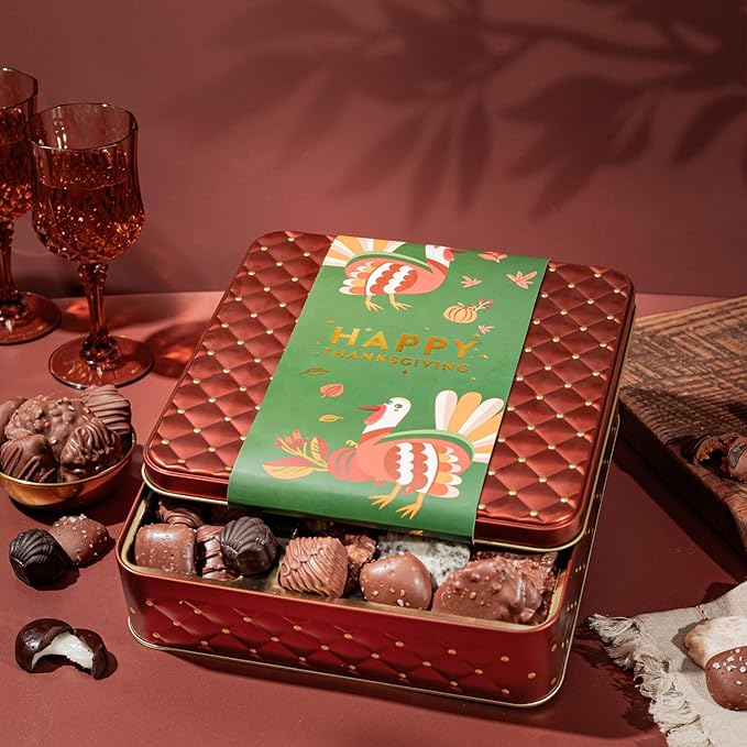 Thanksgiving Chocolate Gift Basket, Assorted Gourmet Dark and White Chocolate Truffles, Holiday Treats in Elegant Gift Box, Bonnie and Pop