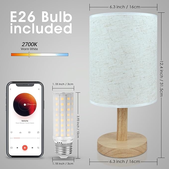 6.3in Bedside Table Lamp for Bedroom, Minimalist Nightstand Lamp with Round Fabric Linen Shade,Study Reading Desk Lamp for Kids Room, Night Table Lamp for Living Room, College Dorm, Home, Office
