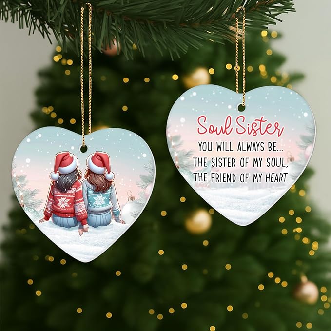 34HD Gifts for Christmas, Sisters Christmas Ornament Heart-Shaped Ceramic 2-Side Printed, Gifts for Best Friends, Besties, Sisters, Christmas Decorations