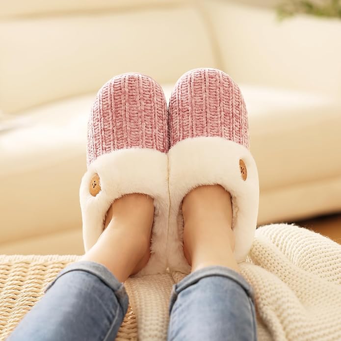 Evshine Warm Knit House Slippers for Women Comfy Wool-Like Lined Chenille Slippers with Memory Foam and Indoor Outdoor Soles