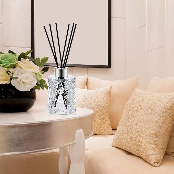 Norme 4 Set Empty Reed Diffuser Bottle Set with Stick, 150ml Refillable Patterned Glass Vase with Black Rattan Reed & Cap for DIY Essential Oil, Home Fragrance, Bulk (Silver)