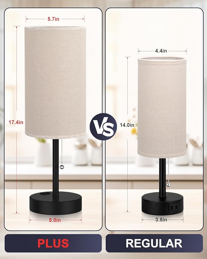 Fenmzee Plus Beige Bedside Table Lamps Set of 2-3 Color Temperatures Pull Chain Lamp with AC Outlet Charging Port, Two Round Night Stand Lamps for Bedroom Guest Room Office, Bed Side Light