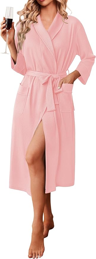 Ekouaer Robes for Women Long Waffle Knit Bathrobe Lightweight Kimono Robe Soft Shawl Collar Spa Robes with Pockets S-XXL