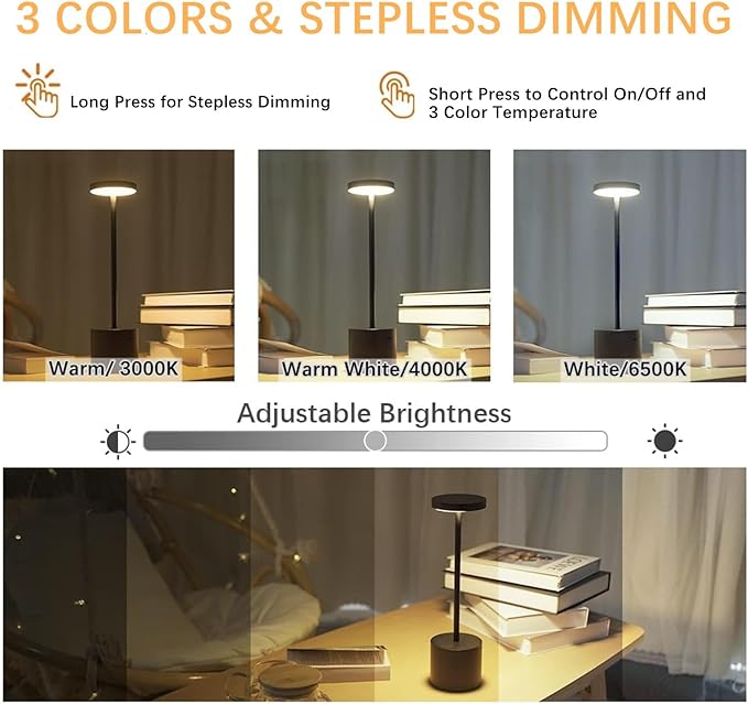 2 Pack LED Cordless Table Lamps, 3 Color Stepless Dimming Battery Powered Lamp, Portable Rechargeable Table Lamp for Dinner/Bars/Patio/Restaurant/Bedroom (Black)