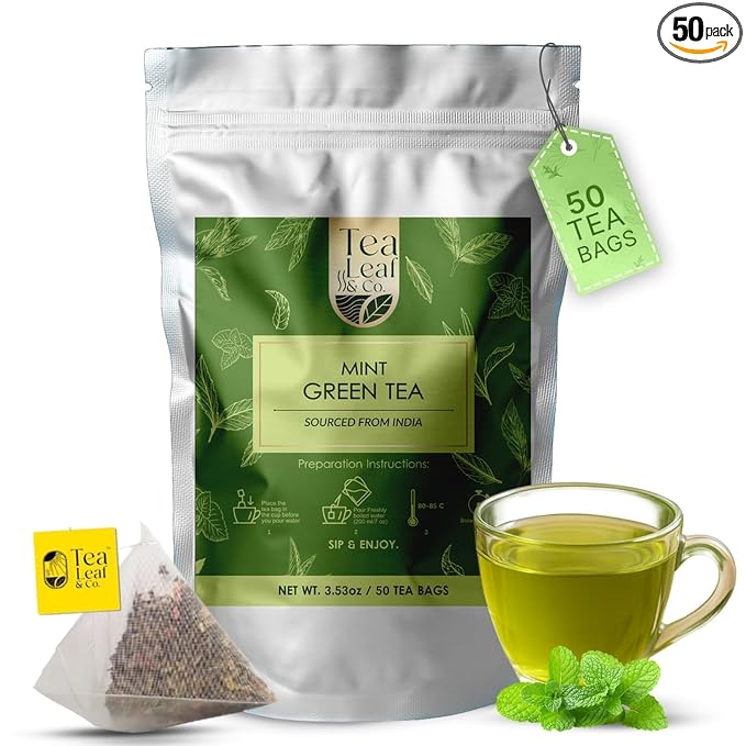 Mint Green Tea Bags (50 Count), Green Tea with Peppermint & Spearmint, Caffeinated, Real and Natural Green Tea, Blended with Fresh Herbs and Spices, Gluten Free
