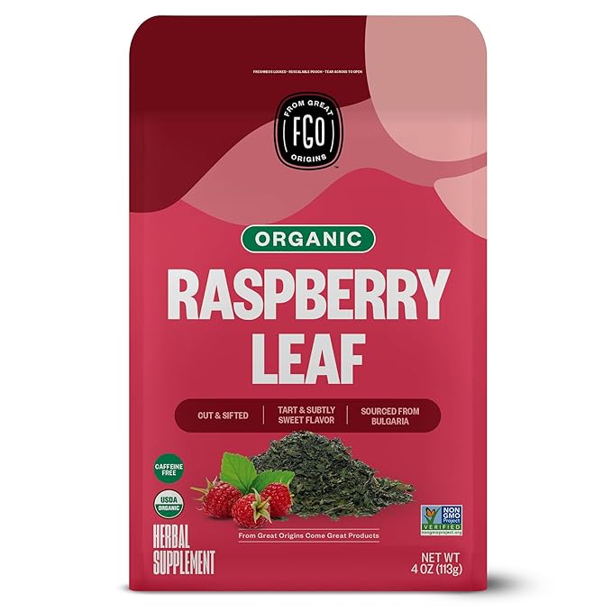 FGO Organic Red Raspberry Loose Leaf Herbal Tea, Cut and Sifted, Caffeine Free, Resealable Bag, 4oz (Pack of 1)