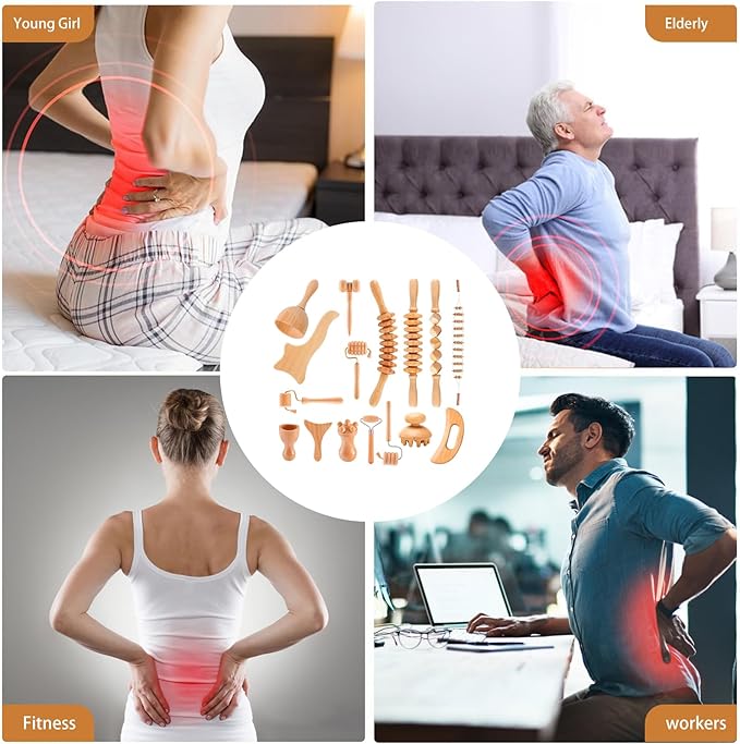 16-in-1 Wood Therapy Massage Tools Gua Sha, Maderoterapia Kit Muscle Pain Relief, Lymphatic Drainage, Body Sculpting Kit with Facial Wood Roller Fascia Massage