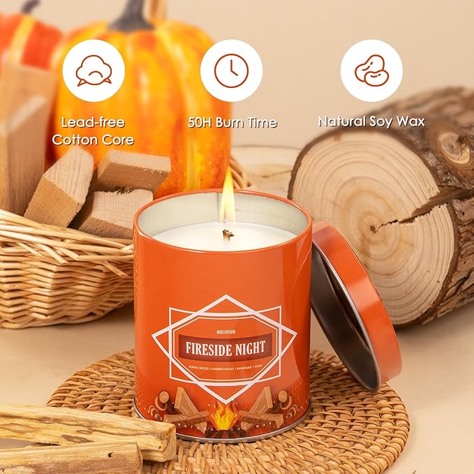 Fireside Night Fall Scented Candle – 9 oz Soy Wax in Travel-Friendly Reusable Tin, Non-Toxic & Clean Burning, 50-Hour Burn – Cozy Autumn Fragrance, Holiday Gift & Fall Decor for Women & Men