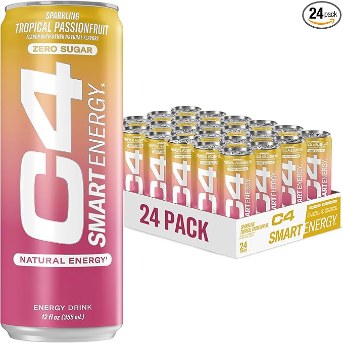 C4 Smart Energy Drink - Sugar Free Performance Fuel & Nootropic Brain Booster, Coffee Substitute or Alternative | Tropical Passionfruit 12 Oz - 24 Pack
